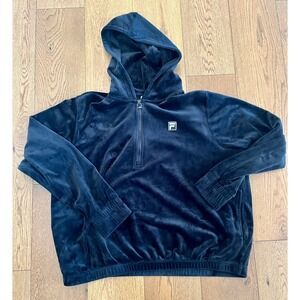 Fila Black Velour Quarter Zip Hoodie Men's XL Minimalist Velvet Pullover
